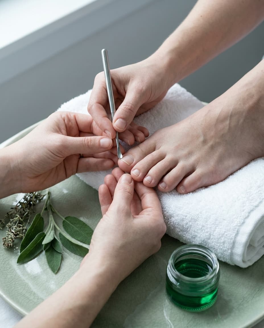 Klassische Fußpflege — Nagelpflege mit Instrument, Salbei daneben