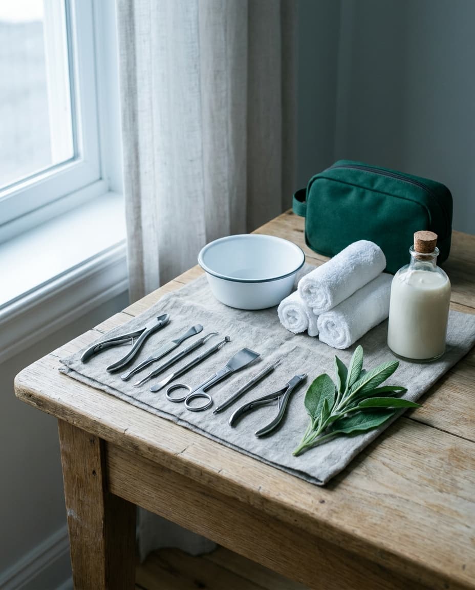 Mobiles Fußpflege-Set auf einem Tisch am Fenster